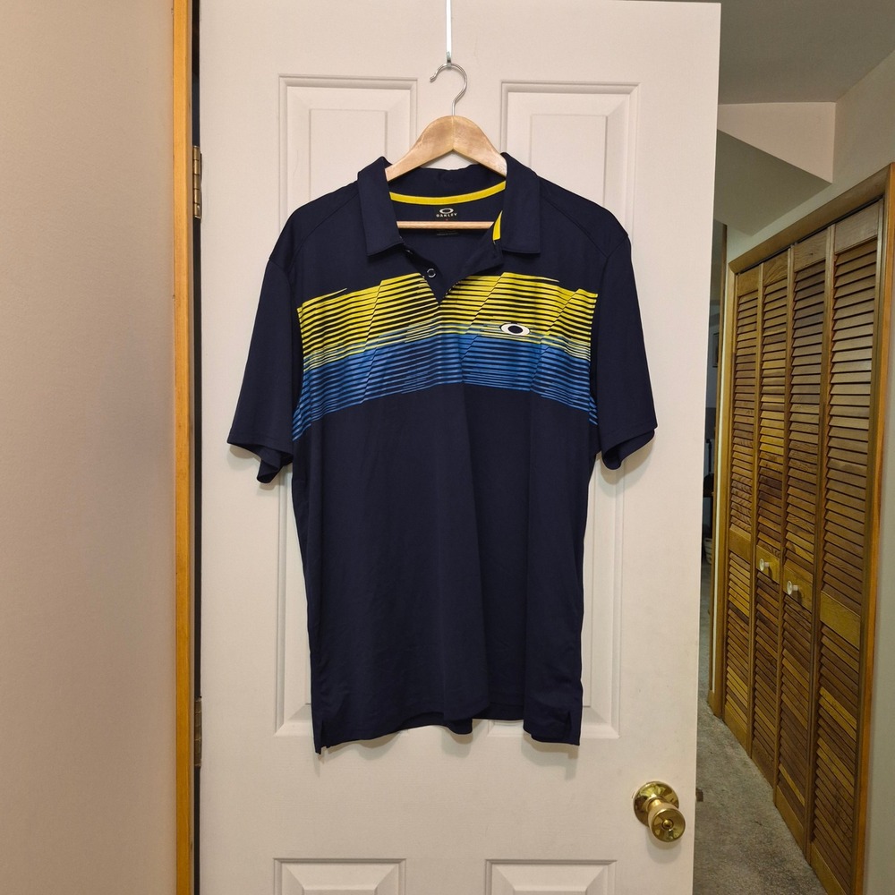 Oakley Mens XL Regular Fit Navy Blue Yellow Graphic Stripe Golf Polo Shirt